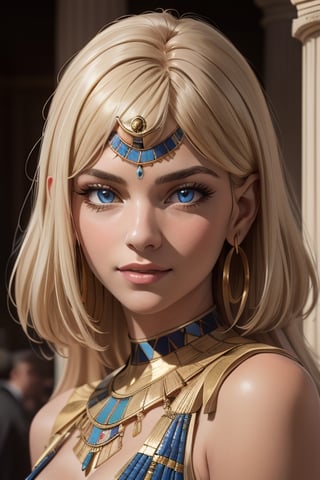 An incredibly beautiful young femme fatale is a golden-haired blonde with blue eyes, long golden hair and long bangs, dressed in long ancient Egyptian clothes. Masterpiece, perfect image, realistic shots, detailed study of faces, full-length image, 8k, detailed image. extremely detailed illustration, a real masterpiece of the highest quality, with careful drawing. Full-length image. mature woman, egypt, egyptian, mature woman,, ancient egyptian clothes,