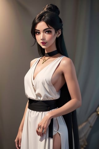 An incredibly beautiful young femme fatale with garnet eyes, long straight black and green hair, one bunch of hair on top of the head. dressed in a long ancient Greek chiton. Masterpiece, perfect image, realistic shots, detailed study of faces, full-length image, 8k, detailed image. extremely detailed illustration, a real masterpiece of the highest quality, with careful drawing. Full-length image. greek clothes., mature woman, pluto, meiou setsuna