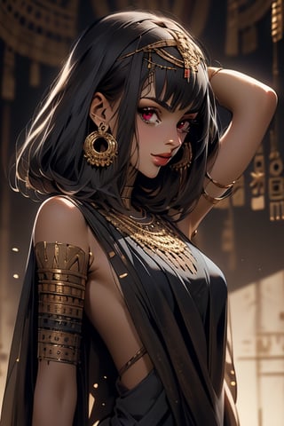 An incredibly beautiful young femme fatale with blackberry eyes, straight black hair, a square haircut, dressed in a long ancient Greek chiton. Masterpiece, perfect image, realistic shots, detailed study of faces, full-length image, 8k, detailed image. extremely detailed illustration, a real masterpiece of the highest quality, with careful drawing. Full-length image. greek clothes., mature woman, ,sailor saturn, tiara,egypt,egyptian