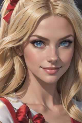 Incredibly beautiful young fatal blonde with golden hair, she has blue eyes, long golden hair beautifully styled, Masterpiece, detailed study of the face, beautiful face, beautiful facial features, perfect image, realistic pictures, detailed study of faces, full-length image, 8k, detailed image, extremely detailed illustration, a real masterpiece of the highest quality, with careful drawing. detailed eyes, beautiful face, blue eyes, smoky eyes, blonde long hair with a red ribbon, blonde, smile,. BEAUTY,(PnMakeEnh),sailor venus