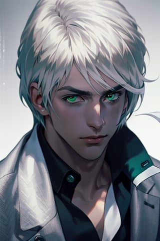 A handsome young man is platinum blond, he has long straight platinum hair, green eyes, he is dressed in a white suit and a blue shirt. Masterpiece, perfect image, realistic image, detailed study of faces, full-length image, 8k, detailed image, extremely detailed illustration, a real masterpiece of the highest quality, with careful drawing.,yaten