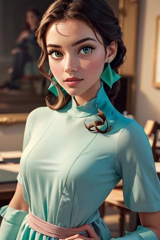 an incredibly beautiful young femme fatale with green eyes, she has a green and pink dress, long curly chocolate hair, gathered in a ponytail.  Masterpiece, detailed study of the face, beautiful face, beautiful facial features, perfect image, realistic shots, detailed study of faces, full-length image, 8k, detailed image, extremely detailed illustration, a real masterpiece of the highest quality, with careful drawing. ,masterpiece,WOWAI,belle