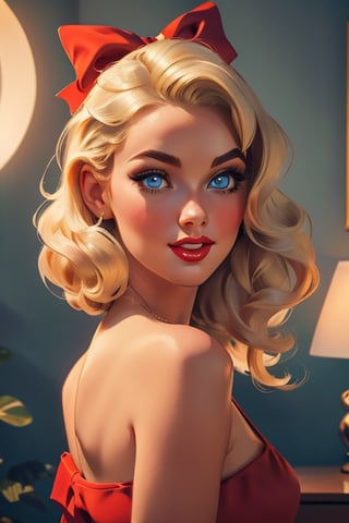 An incredibly beautiful young femme fatale woman-blonde with blue eyes, long golden hair gathered in a high hairstyle, a red bow on her hair, she has long bangs, dressed in a pin-up style, a romantic image.  Masterpiece, beautiful face, beautiful facial features, perfect image, realistic photos, full-length image, 8k, detailed image, extremely detailed illustration, a real masterpiece of the highest quality, with careful drawing. glow. In full growth. ,beautypinupart, PinUp