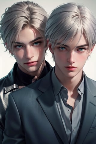 2 men, standing facing each other. A tall, handsome, statuesque, courageous young man is platinum blond, he has tanned skin, long straight platinum hair, blue eyes, he is dressed in an suit, he is facing another young man, he has long straight platinum hair, long bangs, green eyes, he is dressed in a leather jacket, jeans. Masterpiece, detailed study of the face, beautiful face, beautiful facial features, perfect image, realistic shots, detailed study of faces, full-length image, 8k, detailed image. an extremely detailed illustration, a real masterpiece of the highest quality, with careful drawing. SailorStarHealer, grey hair, green eyes, long hair, low ponytail yaten