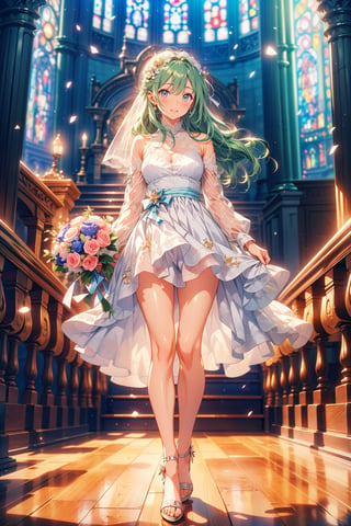 ((masterpice, ultra Quality, 8k, Ray tracing, perfect body, perfect legs, perfect anatomy, perfect hands, perfect arms, depth of field, cinematic lighting, detailed outfit, perfect eyes, realistic, high Quality background, 8k background, dynamic pose, (Hands:1.1),)), a very sexy and mature women  wedding dress, white dress, solo, bangs, blunt bangs, long hair, holding, bouquet, knee-high, full body, long sleeves, pantyhose, walking, church, high heels, Happy, closed mouth, blush, grin,maomao,blunt bangs,green hair,long hair,blue eyes,solo,maomao,blunt bangs,green hair,long hair,blue eyes,solo,sharp focus, perfect hands, perfect light