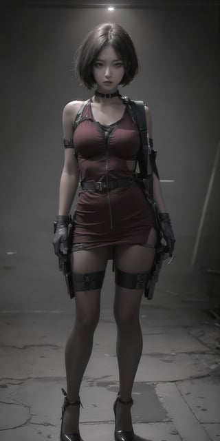 AdaWongRE, sexy pose, short hair, black hair, red long dress, very long dress, collar on the neck, brest 4 size, military ammunition straps on the chest and legs, natural skin, realistic skin, ammunition straps, ammunition belts, gloves