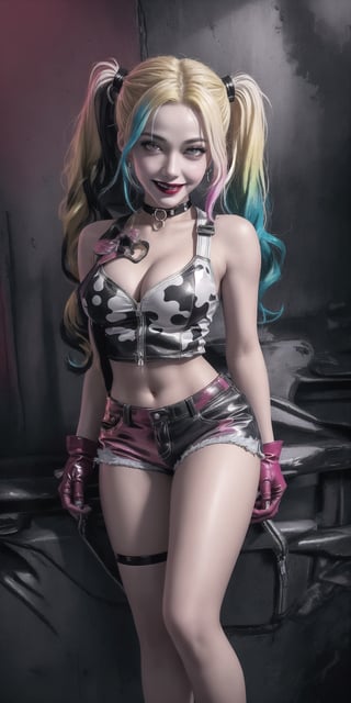 CARTOON_harley_quinn_rebirth_ownwaifu, multicolored hair, two-tone hair, twintails, blonde hair, lipstick, gloves, eyeshadow, cleavage, navel, midriff, gradient hair, short low weist shorts, choker, long hair, sexy body, hot body, sport body, Detailedface
photorealistic, cinematic light, 16K resolution, extremely detailed, realism, realistic skin, natural skin, high quallity, detailed face, high quallity face, big beautiful eyes, hot body,  beautiful legs, aesthetic, beautiful natural 4 size boobs, evil smile, edgGesugao, edgGesugao facial expression, sadistic smile