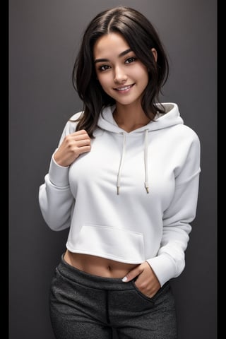 4k,best quality,masterpiece,20yo 1girl,(cropped tight sweatshirt),(demin pant), alluring smile, open hoodie,

(Beautiful and detailed eyes), sexy pose, 
Detailed face, detailed eyes, double eyelids ,thin face, real hands, sexy thin body, semi visible abs, ((short hair with long locks:1.2)), black hair, thin weist, medium 4 size breast, black background,


real person, color splash style photo,
