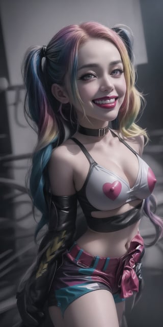 CARTOON_harley_quinn_rebirth_ownwaifu, multicolored hair, two-tone hair, twintails, blonde hair, lipstick, gloves, eyeshadow, cleavage, navel, midriff, gradient hair, short low weist shorts, choker, long hair, sexy body, hot body, sport body, Detailedface
photorealistic, cinematic light, 16K resolution, extremely detailed, realism, realistic skin, natural skin, high quallity, detailed face, high quallity face, big beautiful eyes, hot body,  beautiful legs, aesthetic, (beautiful natural large boobs), evil smile, edgGesugao, edgGesugao facial expression, sadistic smile