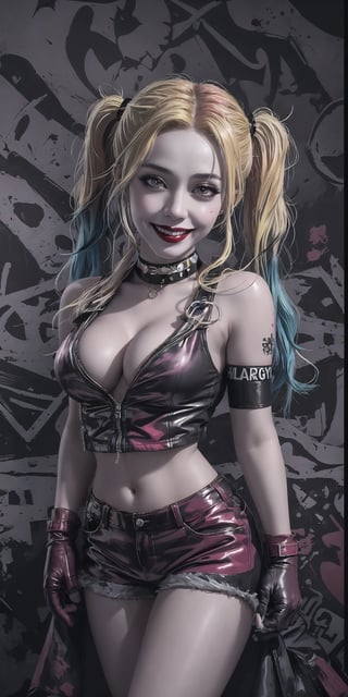 CARTOON_harley_quinn_rebirth_ownwaifu, multicolored hair, two-tone hair, twintails, blonde hair, lipstick, gloves, eyeshadow, cleavage, navel, midriff, gradient hair, short low weist shorts, choker, long hair, sexy body, hot body, sport body,
photorealistic, cinematic light, 16K resolution, extremely detailed, realism, realistic skin, natural skin, high quallity, detailed face, high quallity face, big beautiful eyes, hot body,  beautiful legs, aesthetic, beautiful natural medium boobs, evil smile, edgGesugao, edgGesugao facial expression, sadistic smile