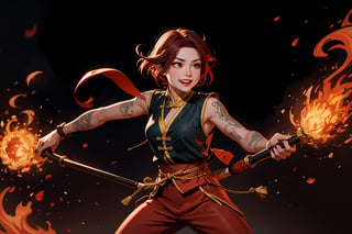 Chinese mythology, solo, 1female, monster_girl, short hair, dark red hair, grin, fangs, sexy lips, pointed ears, strong body, swarthy body, fire phoenix tattoo, (single wing behind), holding a mace, dark red vest, long pants, mist background, a heavenly guardian, its normally radiant aura now dimmed by mortal wounds, bursts into the grand hall with frantic urgency. The once-stalwart warrior's usually unyielding expression is replaced by a look of desperation as it rushes to convey crucial information to the gathered officials. In a chaotic flurry of motion, the injured god stumbles forward, its usually immaculate attire now disheveled and bloodied, Chinese martial arts animation style