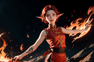 Chinese mythology, solo, 1female, monster_girl, short hair, dark red hair, smelling, fangs, sexy lips, pointed ears, strong body, swarthy body, fire phoenix tattoo, (single wing), dark red vest, long pants, sandalwood, incense, smoky, Chinese martial arts animation style