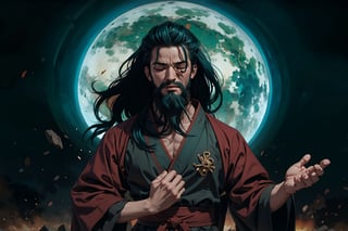 Chinese mythology story, solo, 1man, forty years old, long black hair, two beards, aqua Taoist robe, thin and tall, closed eyes, he is in tears, he lowered his head and murmured to himself, with his hands clasped on his chest, Chinese martial arts animation style, boichi manga style