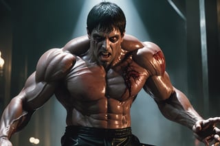 In a cinematic wide-angle shot, a behemoth of a demon, Scarface, stands tall in an eerie, vibrant environment. His ghostly eyes glow with an otherworldly intensity as his mouth is agape, revealing a monstrous maw full of sharp teeth. Muscular flesh bulges from his mutated body, adorned with gruesome guiverring tumors. The air is charged with drama as Scarface assumes a dynamic pose, embodying the ferocity of the wild. The lighting is a masterclass in tension, casting long shadows that accentuate his menacing presence. This 2D masterpiece is a testament to the dark art of anime and fighting game style, showcasing Scarface's malevolent prowess in ultra-high resolution (UHD).