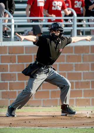 solo, 1male, old, shirt, hat, standing, full body, short sleeves, male focus, outdoors, shoes, belt, pants, black footwear, black shirt, helmet, sneakers, baseball cap, sportswear, photo background, baseball uniform