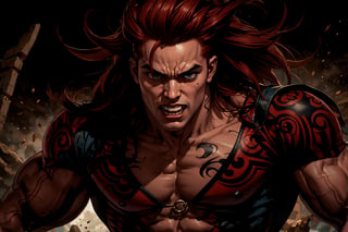 In Chinese mythology, solo, 1male, monster, dishevelled hair, dark red hair, cyan face, fangs, fat lips, wide mouth, strong, muscular, short, (wing), evil, tattooed all over, (chortle:1.2), ancient China style, boichi manga style