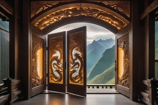 Immerse in a mystical atmosphere as a majestic mountain pass is framed by two colossal wooden doors adorned with intricate dragon carvings. Soft, ethereal light seeps through the narrow slits between the massive panels, casting an otherworldly glow on the surrounding landscape. The doors' imposing presence seems to guard the secrets within, beckoning adventurers to step forth into the unknown.