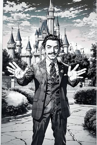 boichi manga style, monochrome, greyscale, solo, a young man, he is Walt Disney, the founder of Disneyland, slicked hairstyle, mustache, traditional plaid suit, smile, happy, open his hands, full body shot, a country station background, ((masterpiece))