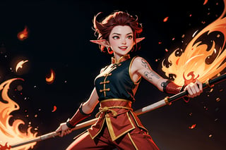 Chinese mythology, solo, 1female, monster_girl, short hair, dark red hair, grin, fangs, sexy lips, pointed ears, strong body, swarthy body, fire phoenix tattoo, (single wing behind), holding a mace, dark red vest, long pants, smog background, Chinese martial arts animation style