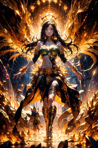 (masterpiece, top quality, best quality, official art, beautiful and aesthetic:1.2), solo, goddess, smile, long hair, crown, light of wings, full body shot, magic circle. The worlds greatest horde of treasure ever collected, epic proportions, (colorful), dreamlike, gold, jewelry, treasure, riches, pules of gold, gems, riches, treasure vault, biggest treasure in the world, extreme detailed, (abstract, fractal art:1.3), hyper detailed masterpiece, dynamic, awesome quality,