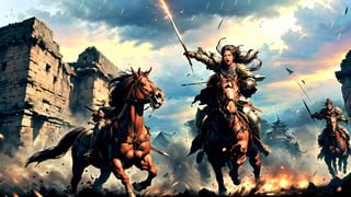 A majestic masterpiece depicting an ancient Chinese army in the midst of a fierce siege battle. Thousands of weary warriors donning ornate armor and riding powerful war horses charge towards the enemy's stronghold, spears and swords at the ready. Shield-bearing soldiers form a stalwart wall against the hail of arrows raining down from above, as the city gate stands firm under the relentless assault.