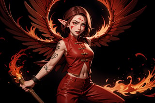 Chinese mythology, solo, 1female, monster_girl, short hair, dark red hair, (facial marks), fierce face, evil face, fangs, sexy lips, (pointed ears), (dark skin), strong body, (phoenix tattoo), (a single wing behind:1.2), (holding up token:1.2), dark red vest, long pants, Chinese martial arts animation style