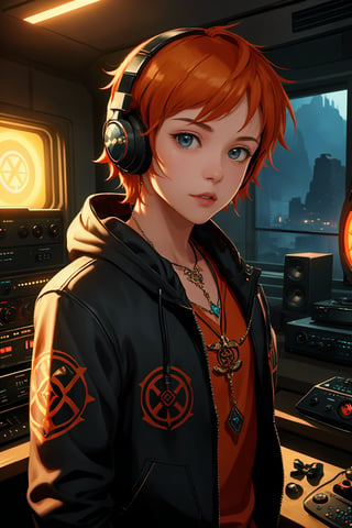 exquisite details and texture, detailed face, anatomy correct, best quality, ultra detailed, photorealistic, ((cinematic scenic view of 1 boy, sunglasses)), short hair, orange hair, wore a pair of headphones, red colored robe, cool, flame tattoos, flame pentagram necklace. He was a radio DJ, playing music in a tiny radio studio, front view, upper body, Cyberpunk style