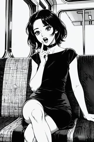 Boichi manga style, monochrome, greyscale, solo, a young lady, blone hair, dress up for business, she was sitting in the train compartment, surprised eyes, open mouth, a finger point to the ground, ((masterpiece))