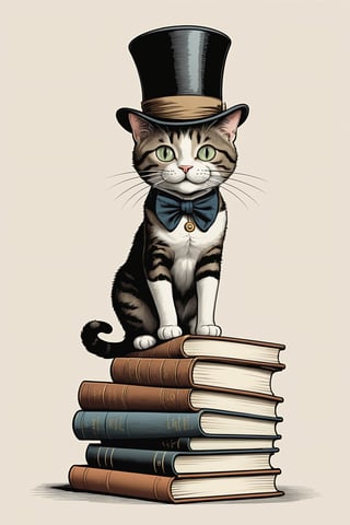 Humorous full body illustration of a cat wearing a top hat and monocle, balancing precariously on a stack of books, mischievous grin, exaggerated anatomy, cartoon style, witty details
