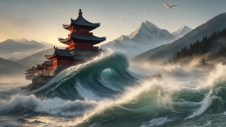 water, foaming, wave, beasts, foggy, mountains, Chinese temple, clouds, birds, at Twilight, tilt shift, Cleancore, HDR, Mustafa Abdulhadi, involved in a project, DonM3l3m3nt4l, 