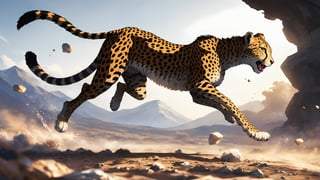 amazing quality, best quality, high quality, (masterpiece, best quality:1.2), (extremely detailed, 8k, uhd), (depth of field), (chromatic aberration:1.1), close-up, aerial still, of a galloping cheetah, motion blurred background, dynamic blur, detailed, beautiful color, amazing quality, particle