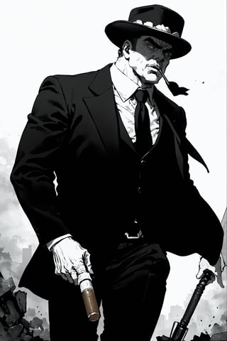 In a moody, high-contrast monochrome scene, Chicago mob boss Al Capone strides confidently down the street, his imposing figure illuminated by a faint, misty glow. His round face, thick eyes, and big mouth are set in a fierce visage, scarred cheeks and all. A thick cigar dangles from his lips as he tips back his fedora, its brim creased at a rakish angle. The suit-clad, tall, and imposing Capone walks with a swagger, his gait commanding attention as he cuts through the fog-shrouded city streets.