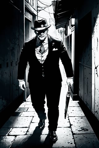 A masterpiece in the making! Here's your prompt:

A moody, monochromatic greyscale illustration of Al Capone, the infamous Chicago mob boss, walks solo down a dimly lit alleyway. His round face is dominated by thick eyes and a big mouth, accentuated by thick lips that seem to curl into a perpetual snarl. Scarred cheeks add to his vicious visage, as if the weight of his notorious reputation has carved its own path across his skin. A cigar dangles from his lip, a symbol of his tough-as-nails demeanor. He wears a fedora hat, pulled low over his eyes, casting a long shadow behind him. Despite his imposing stature, he appears almost comical in his rotund figure, clad in a three-piece suit that seems too small for his girth as he strides confidently through the shadows.