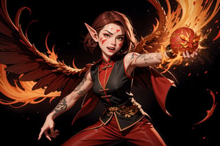 Chinese mythology, solo, 1female, monster_girl, short hair, dark red hair, (facial marks), fierce face, evil face, fangs, sexy lips, (pointed ears), (dark skin), strong body, (phoenix tattoo), (a single wing behind:1.2), (hold up token:1.2), dark red vest, long pants, Chinese martial arts animation style