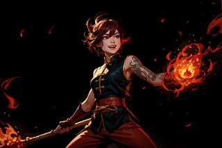 Chinese mythology, solo, 1female, monster_girl, short hair, dark red hair, grin, fangs, sexy lips, pointed ears, strong body, swarthy body, fire phoenix tattoo, (single wing behind), holding a mace, dark red vest, long pants, mist background, Chinese martial arts animation style