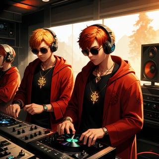 exquisite details and texture, detailed face, anatomy correct, best quality, ultra detailed, photorealistic, solo, 1boy, short hair, orange hair, sunglasses, wroe a pair of headphones, red colored robe, cool, flame tattoos, flame pentagram necklace. He was a radio DJ, playing music in a tiny radio studio, straight on, upper body