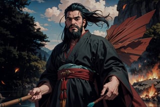 Chinese mythology story, solo, 1man, forty years old, long black hair, two beards, aqua Taoist robe, holding a feather fan, thin and tall, jumped up in frustration, (full shot:1.3), boichi manga style