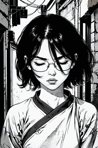 boichi manga style, monochrome, greyscale, in a corner of an alley, under dim street lights, solo, a girl, glasses, short hair, Chinese clothes, closed eyes, thoughtful expression, close up view, ((masterpiece))