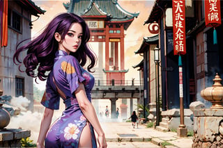 In Chinese mythology, solo, 1girl, big eyes, pink lips, pretty, long curly hair, purple hair, tall and thin, sexy, from behind, look back, ancient China style, people background, boichi manga style