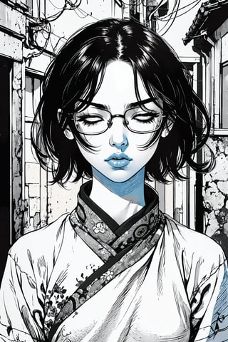 boichi manga style, monochrome, greyscale, in a corner of an alley, under dim street lights, solo, a girl, glasses, short hair, Chinese clothes, closed eyes, thoughtful expression, close up view, ((masterpiece))