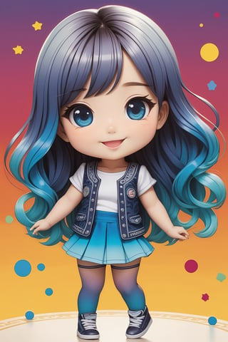 masterpiece, best quality, intricate detail, intricate background detail, 1girl, gradient hair, happy, full body, pop art, chibi art