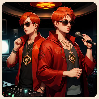 Solo, (1boy), straight on, upper body, short hair, orange hair, sunglasses, wroe a pair of headphones, red colored robe, cool, flame tattoos, flame pentagram necklace. He was a radio DJ, playing music in a tiny radio studio, (exquisite details and texture, detailed face, anatomy correct, best quality, ultra detailed, photorealistic)