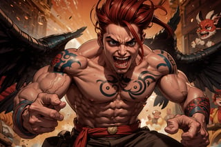 In Chinese mythology, solo, 1male, monster, dishevelled hair, dark red hair, cyan face, fangs, fat lips, wide mouth, strong, muscular, short, (wing), evil, tattooed all over, (roar with laughter:1.2), ancient China style, boichi manga style