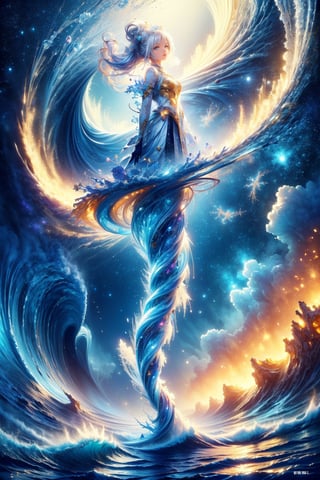 (masterpiece, top quality, best quality, official art, beautiful and aesthetic:1.2), solo, 1girl, melancholy eyes, long silver hair, hanfu, long robe, with bun accessories, full body shot, extreme detailed, (abstract, fractal art:1.3), hyper detailed masterpiece, dynamic, awesome quality, minute aqueous floating DonM3l3m3nt4l, stark beauty, wizardly, well-functioning, charming, halcyon, highest detailed, water, wave, ice, lightning, light_particles, ghost, 