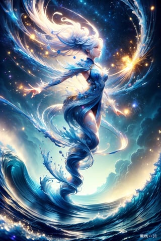 (masterpiece, top quality, best quality, official art, beautiful and aesthetic:1.2), solo, 1girl, Chinese, melancholy eyes, long silver hair, hanfu, long robe, with bun accessories, full body shot, extreme detailed, (abstract, fractal art:1.3), hyper detailed masterpiece, dynamic, awesome quality, minute aqueous floating DonM3l3m3nt4l, stark beauty, wizardly, well-functioning, charming, halcyon, highest detailed, water, wave, ice, lightning, light_particles, ghost, 