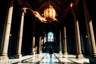 A heavenly messenger's desperate arrival: A gravely wounded Heavenly Guard bursts through the grandiose gates of the Main Hall, frantic expressions etched on their pale, porcelain-like face. In the dimly lit, ornate space, the guard's battered body is framed by a dramatic archway, while golden lanterns cast an eerie glow. The once-majestic figure now slumps against the intricately carved pillars, as if the weight of heaven itself bears down upon them.