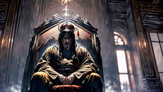 In a majestic Boichi manga style, a stout Chinese Emperor sits regally upon his throne chair, resplendent in a golden Taoist robe that shines like the morning sun. His long black hair flows down his back like a dark waterfall as he devours meat with an air of malevolent intensity, his scar above the left eye and flesh-fangs adding to the menace emanating from his angry face. The throne chair is situated within the grandeur of a Chinese palace backdrop, while the framing captures him in a dynamic pose, with a straight crown above as if he's about to rise from his seat, asserting his imperial dominance over the lavish surroundings Manga, FAP_ARTSTYLE_SanagiTorajirou_ownwaifu, boichi manga style, High detailed ,Color magic, Manga Landscape , comic, (manga panel:1.1) ,Grayscale