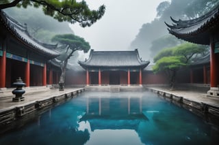 A majestic temple courtyard on a misty morning in ancient China. The god, Yu Huang, stands tall amidst lush greenery, his divine presence radiating calm. Before him, a dark blue pool of water ripples and churns, as if alive. With a gentle gesture, the god conjures forth a dark blue wave, its power crackling with an otherworldly energy. The air is heavy with anticipation, the atmosphere charged with the magic of Yu Huang's evil water weapon.