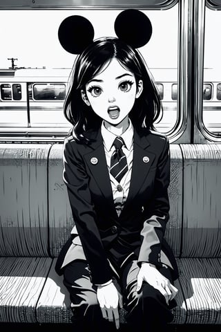 Boichi manga style, monochrome, greyscale, solo, a young lady, blone hair, trouser suit, Mickey Mouse ears, she was sitting in the train compartment, surprised eyes, open mouth, (a finger point to the ground), ((masterpiece))