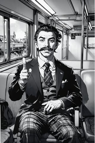 Boichi manga style, monochrome, greyscale, solo, a young man, he is Walt Disney, the founder of Disneyland, slicked hairstyle, mustache, traditional plaid suit, he was sitting in the train compartment, surprised eyes, open mouth, a finger point to the ground, ((masterpiece))